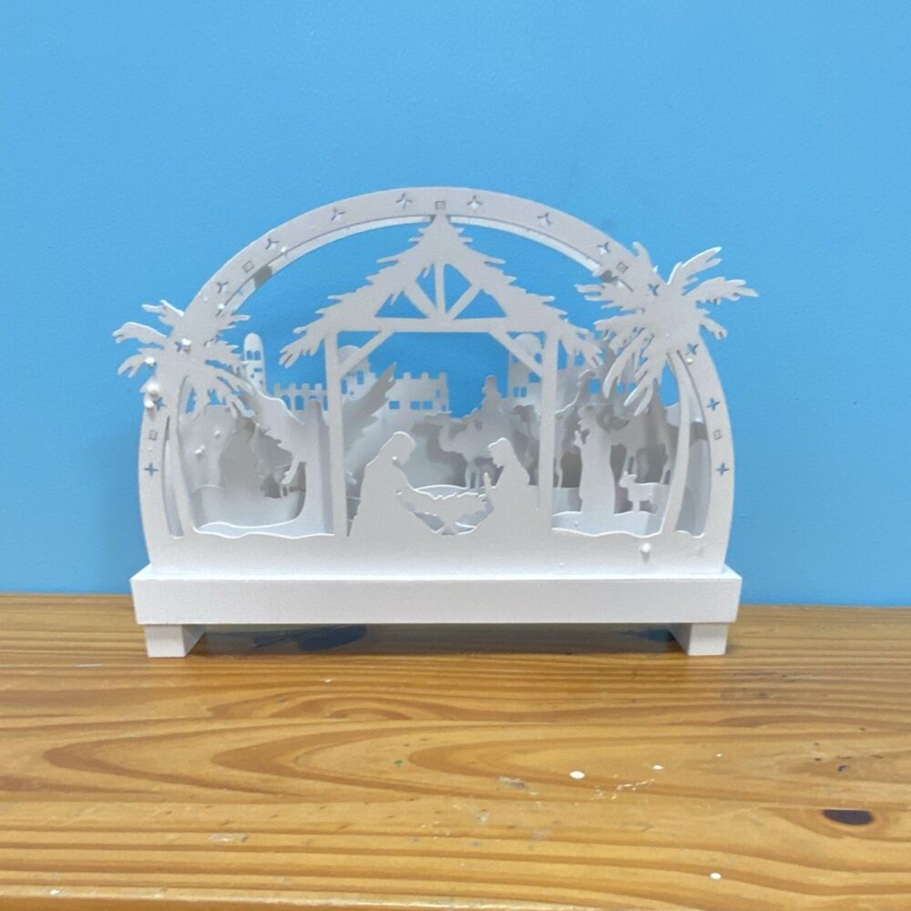 Light Up White Plastic Arch Nativity Scene – Christmas Religious Decoration